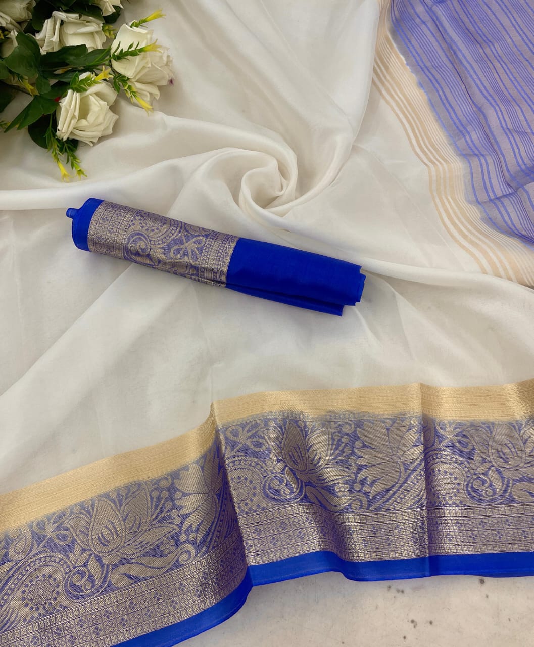 Tantalizing White and Blue Orgenza Silk Saree With Palimpsest Blouse Piece