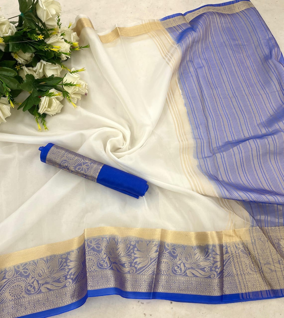 Tantalizing White and Blue Orgenza Silk Saree With Palimpsest Blouse Piece