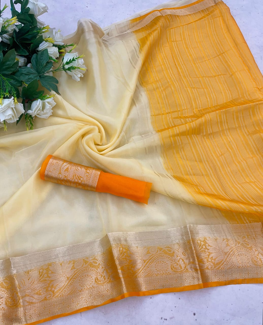 Ephemeral White and Orange Orgenza Silk Saree With Fragrant Blouse Piece