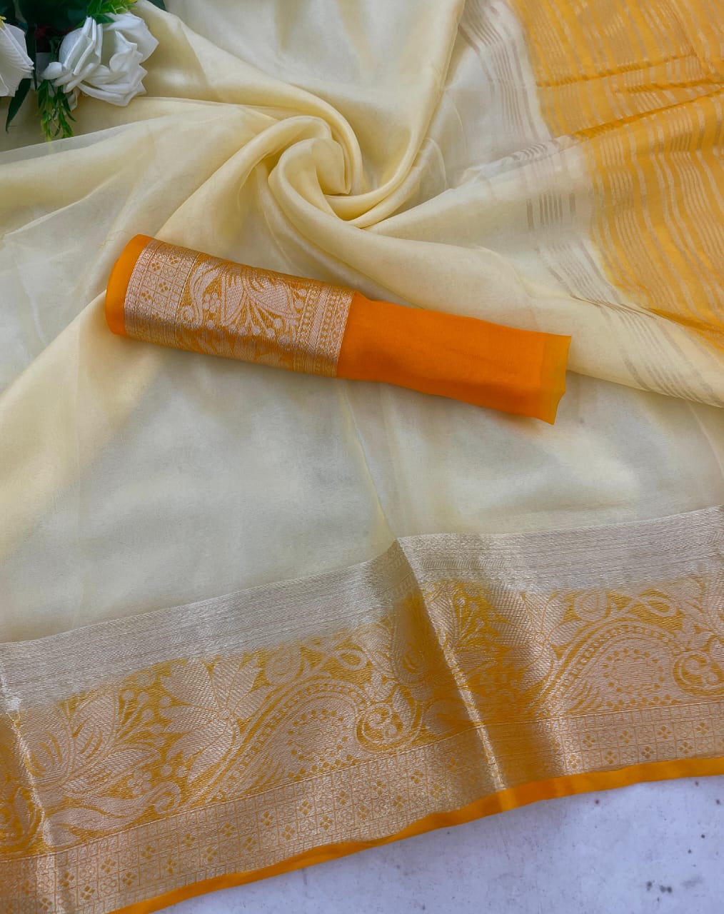 Ephemeral White and Orange Orgenza Silk Saree With Fragrant Blouse Piece