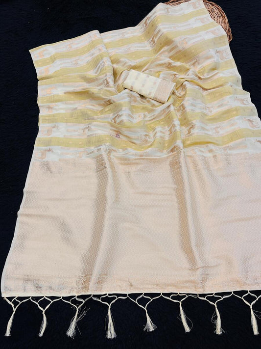 Verdant Beige Banarasi Tissue Silk Saree With Radiant Blouse Piece
