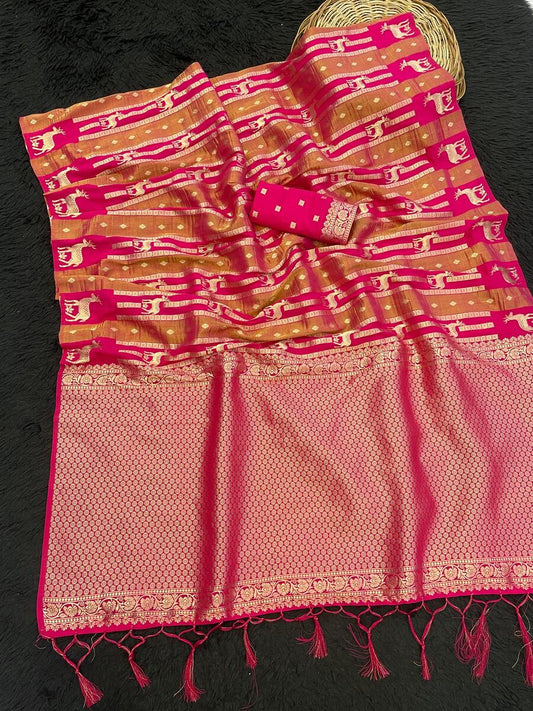 Ailurophile Dark Pink Banarasi Tissue Silk Saree With Ethnic Blouse Piece
