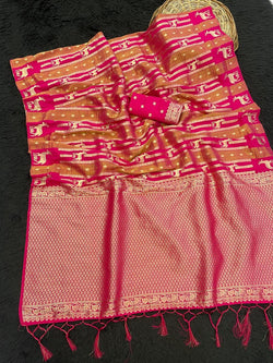 Ailurophile Dark Pink Banarasi Tissue Silk Saree With Ethnic Blouse Piece