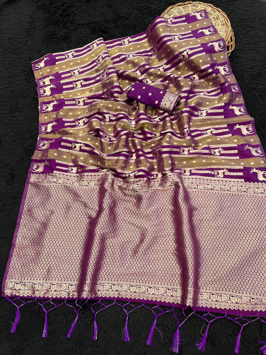 Ideal Purple Banarasi Tissue Silk Saree With Mesmerising Blouse Piece
