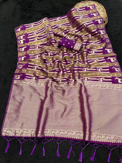 Ideal Purple Banarasi Tissue Silk Saree With Mesmerising Blouse Piece