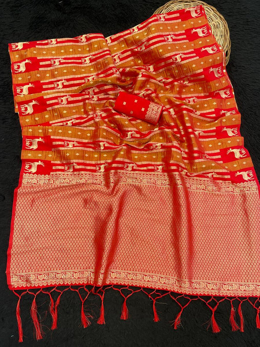 Bucolic Red Banarasi Tissue Silk Saree With Lagniappe Blouse Piece