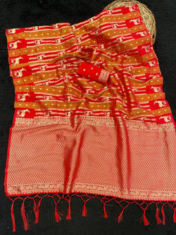 Bucolic Red Banarasi Tissue Silk Saree With Lagniappe Blouse Piece