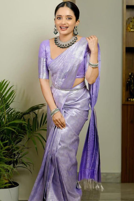 Supernal Lavender Soft Silk Saree With Artistic Blouse Piece