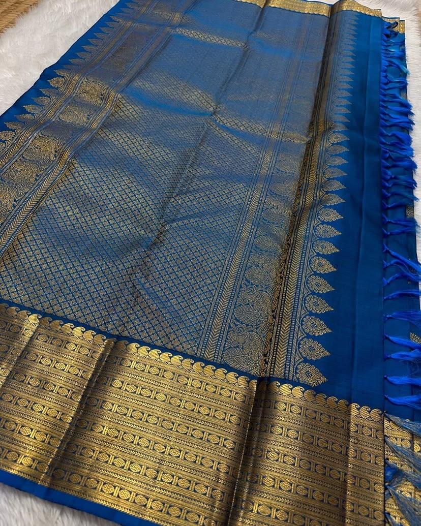 Zephyr Blue Soft Silk Saree With Panache Blouse Piece