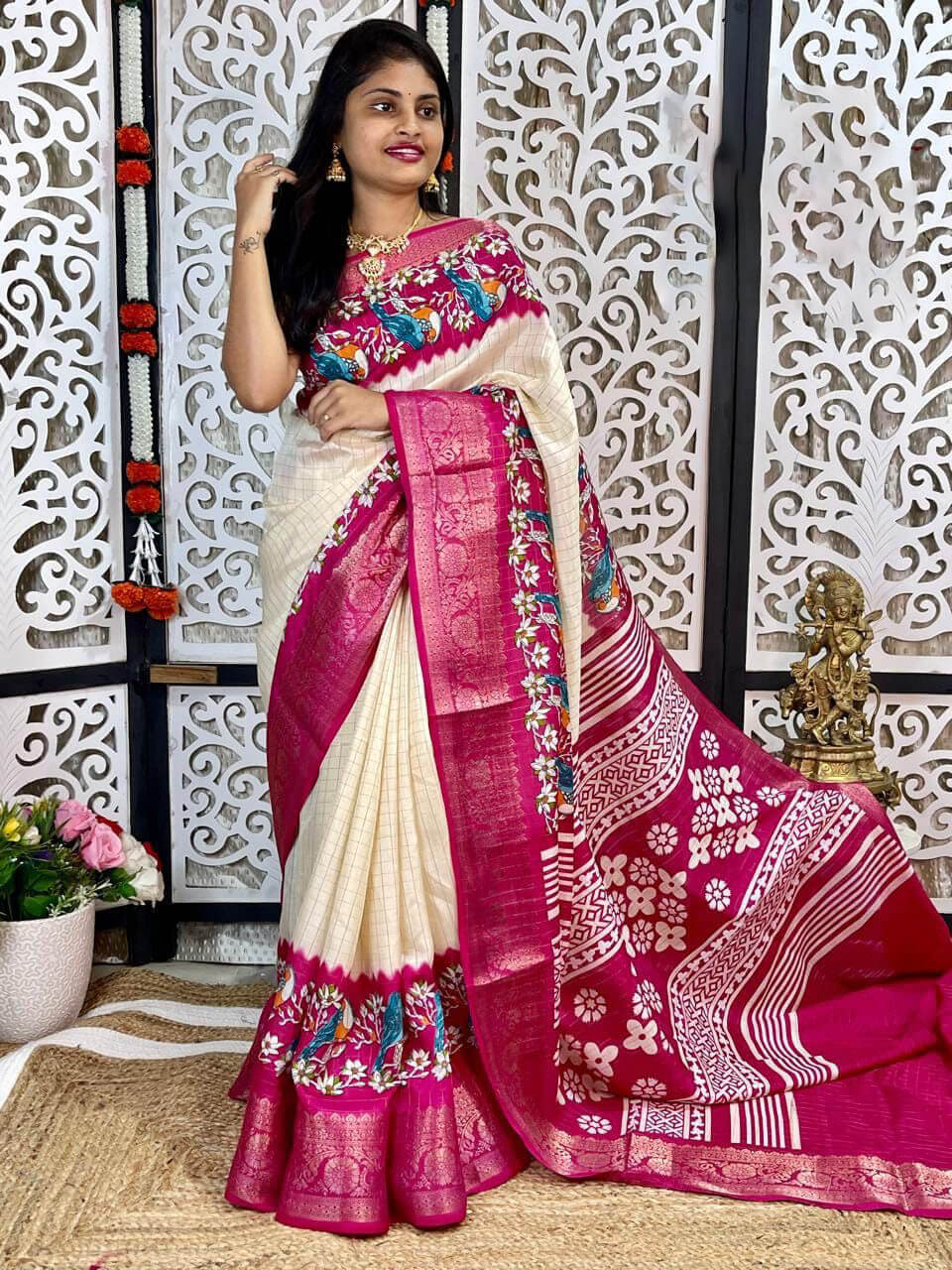 Chatoyant Beige Digital Printed Dola Silk Saree With Admirable Blouse Piece