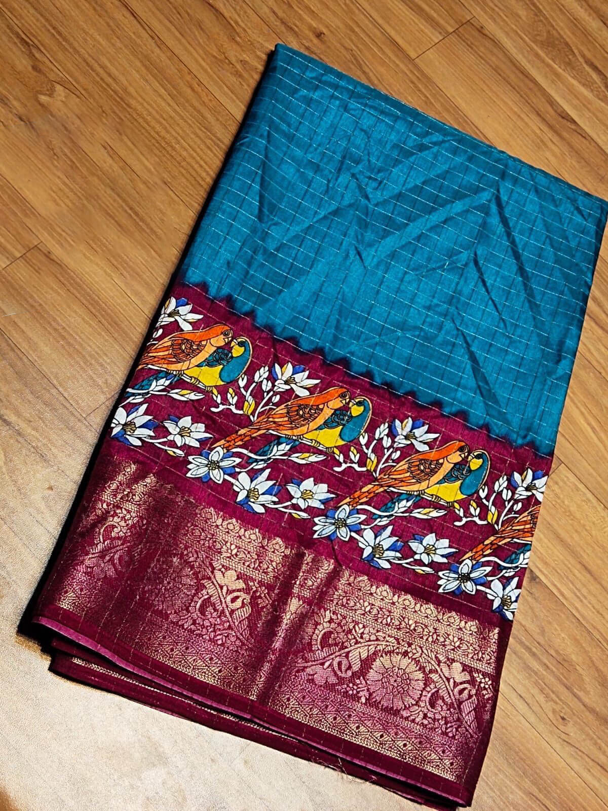 Tempting Firozi Digital Printed Dola Silk Saree With Fragrant Blouse Piece