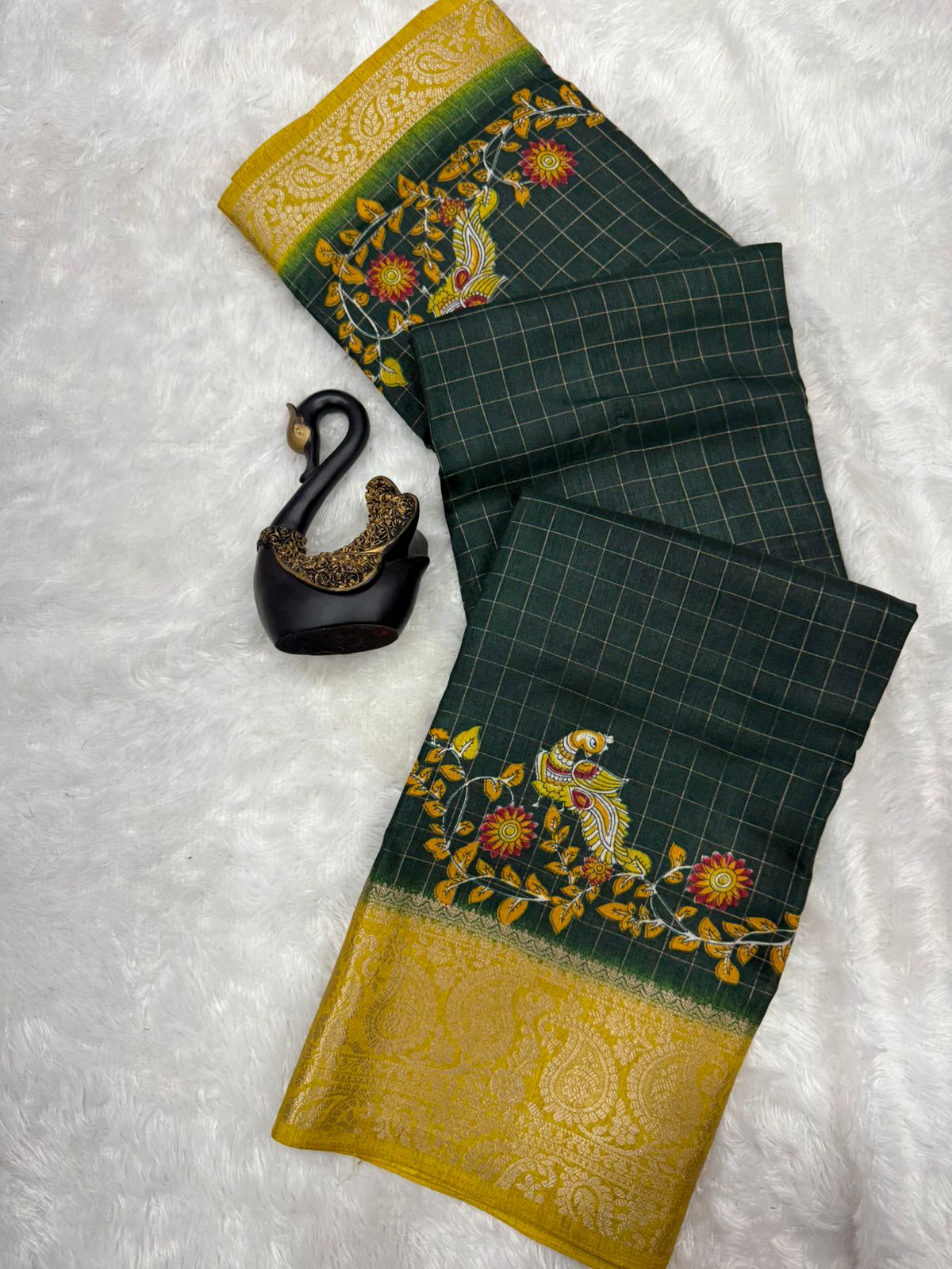 Epiphany Dark Green Digital Printed Dola Silk Saree With Lassitude Blouse Piece