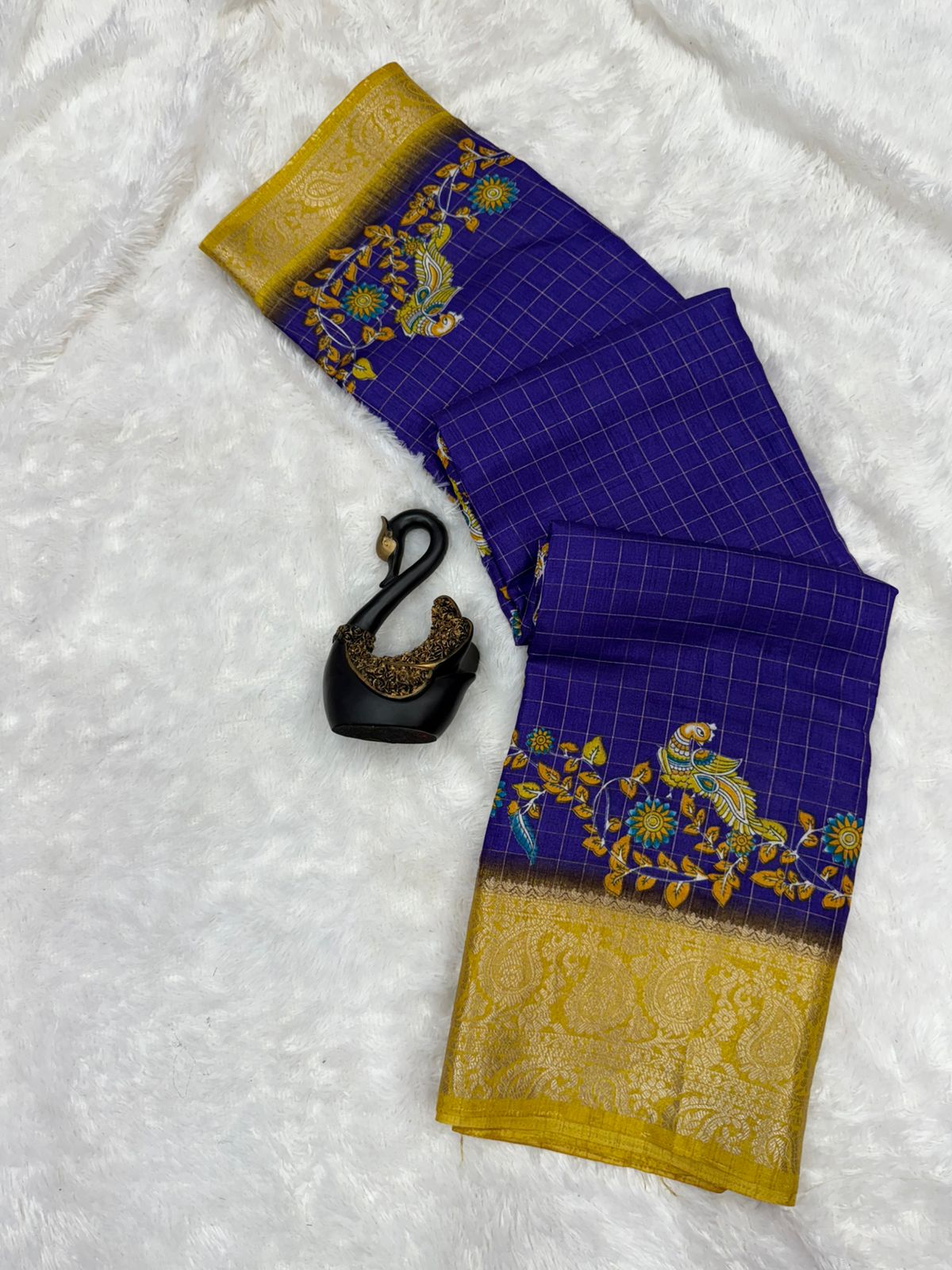 Excellent Navy Blue Digital Printed Dola Silk Saree With Dalliance Blouse Piece