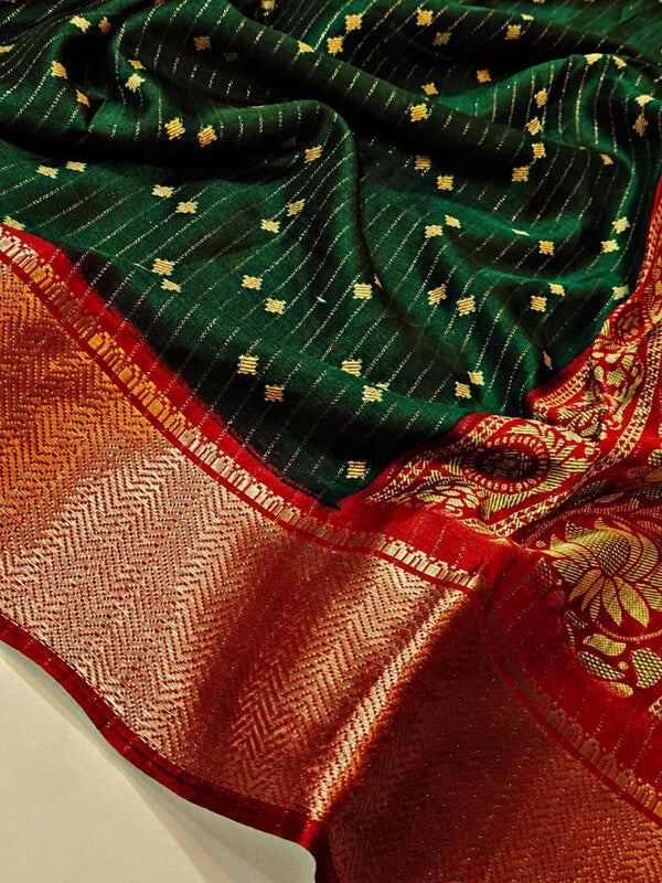 Glamorous Dark Green Digital Printed Dola Silk Saree With Zephyr Blouse Piece