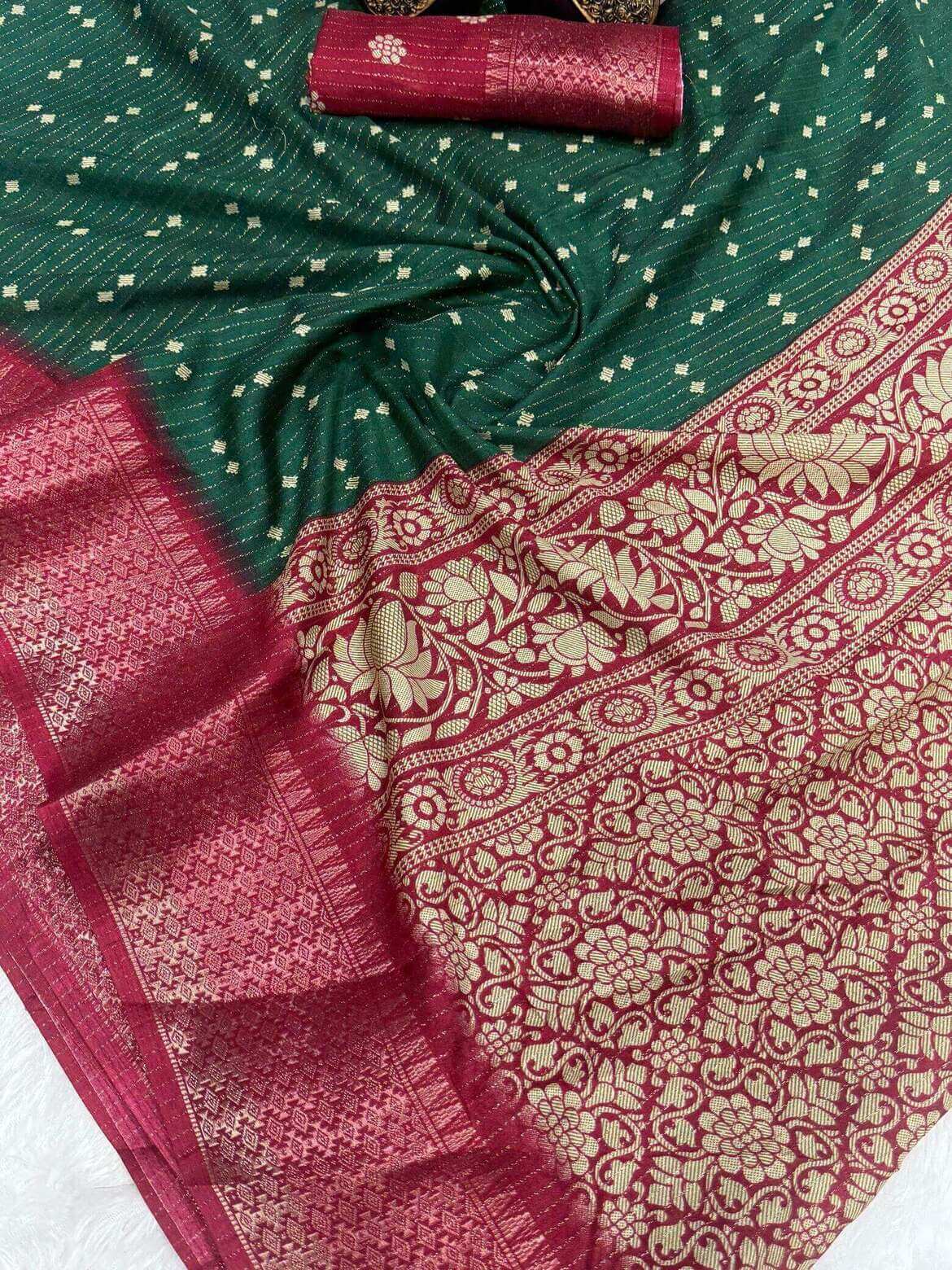 Glamorous Dark Green Digital Printed Dola Silk Saree With Zephyr Blouse Piece