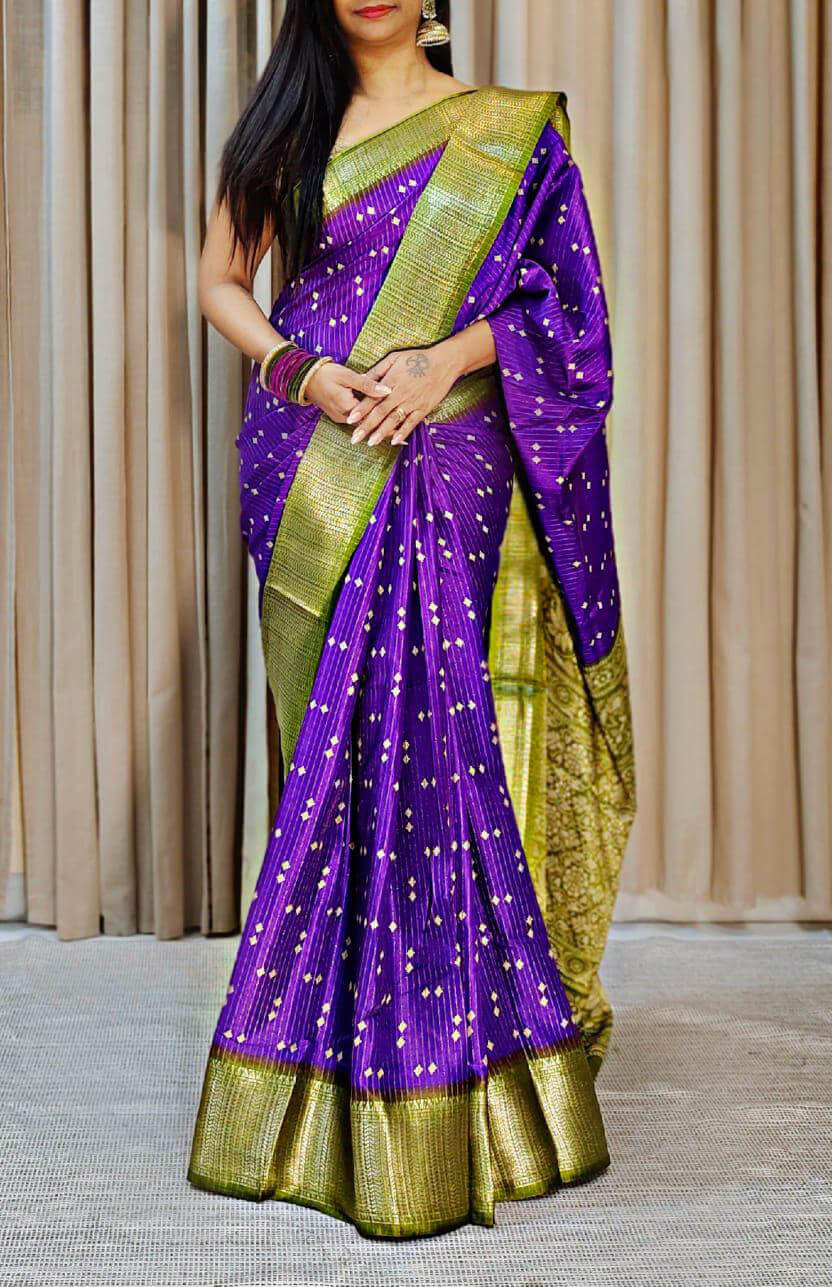 Verdant Purple Printed Dola Silk Saree With Cynosure Blouse Piece