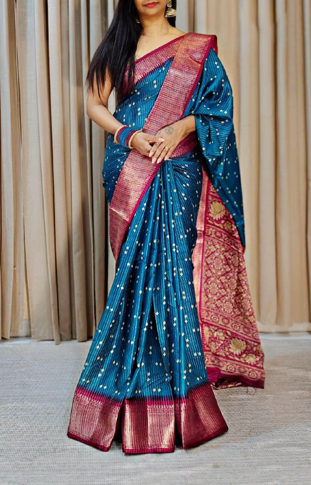 Zephyr Teal Blue Digital Printed Dola Silk Saree With Inimitable Blouse Piece