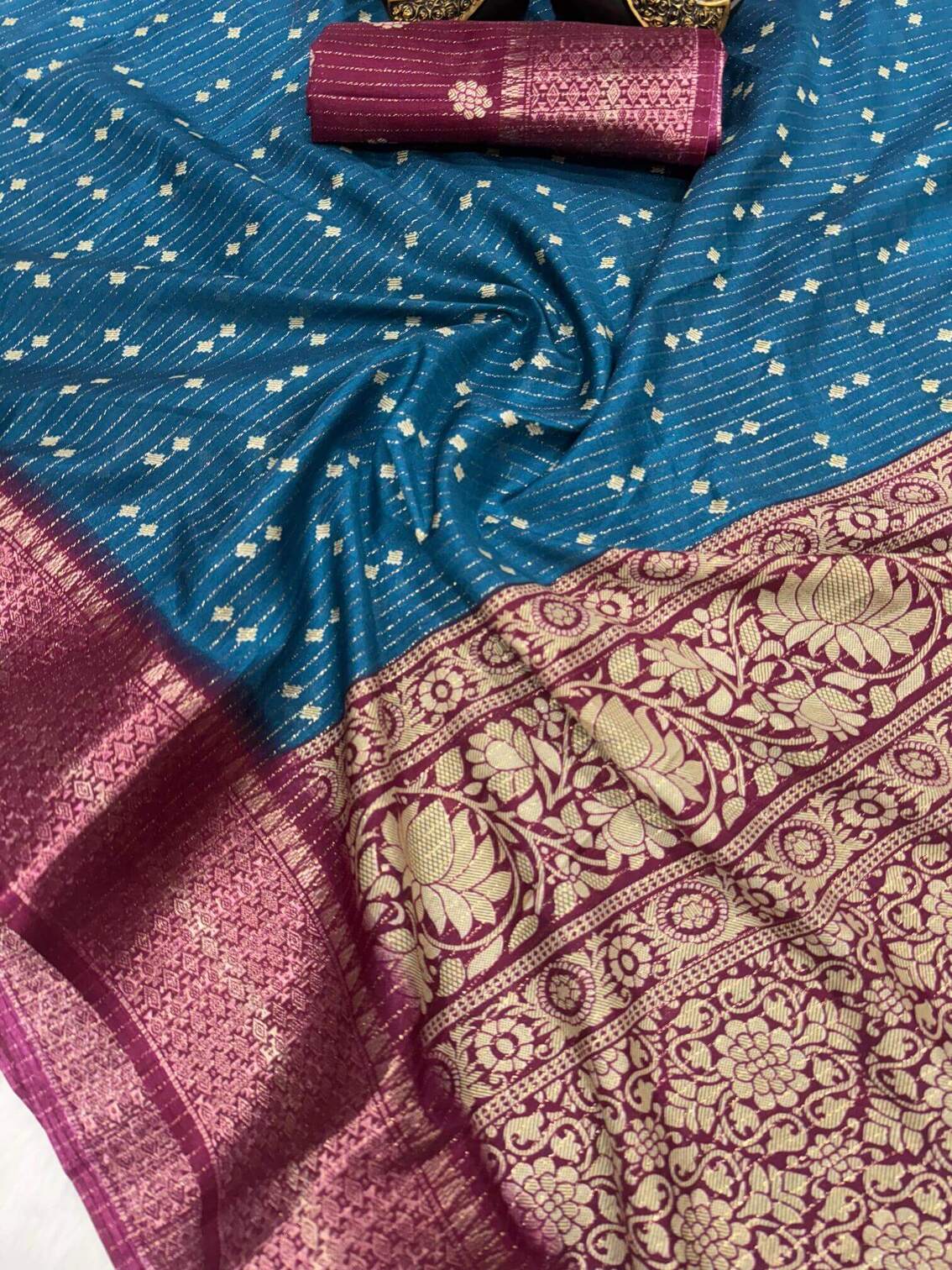 Zephyr Teal Blue Digital Printed Dola Silk Saree With Inimitable Blouse Piece