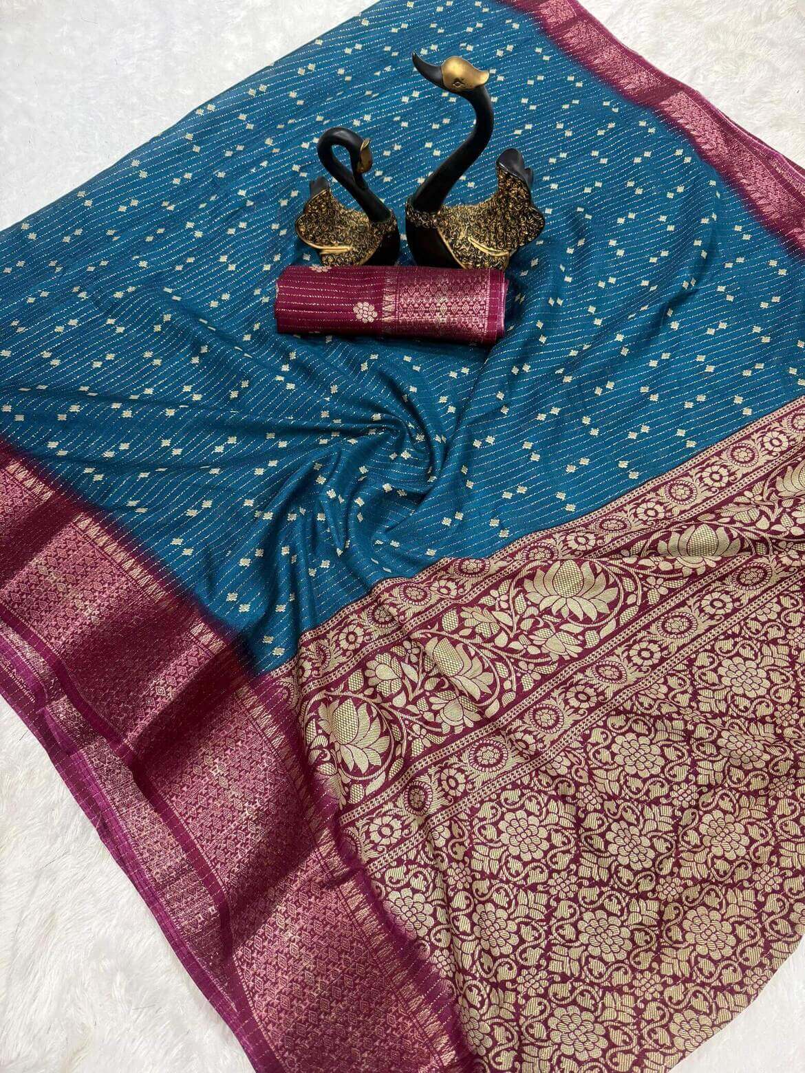 Zephyr Teal Blue Digital Printed Dola Silk Saree With Inimitable Blouse Piece