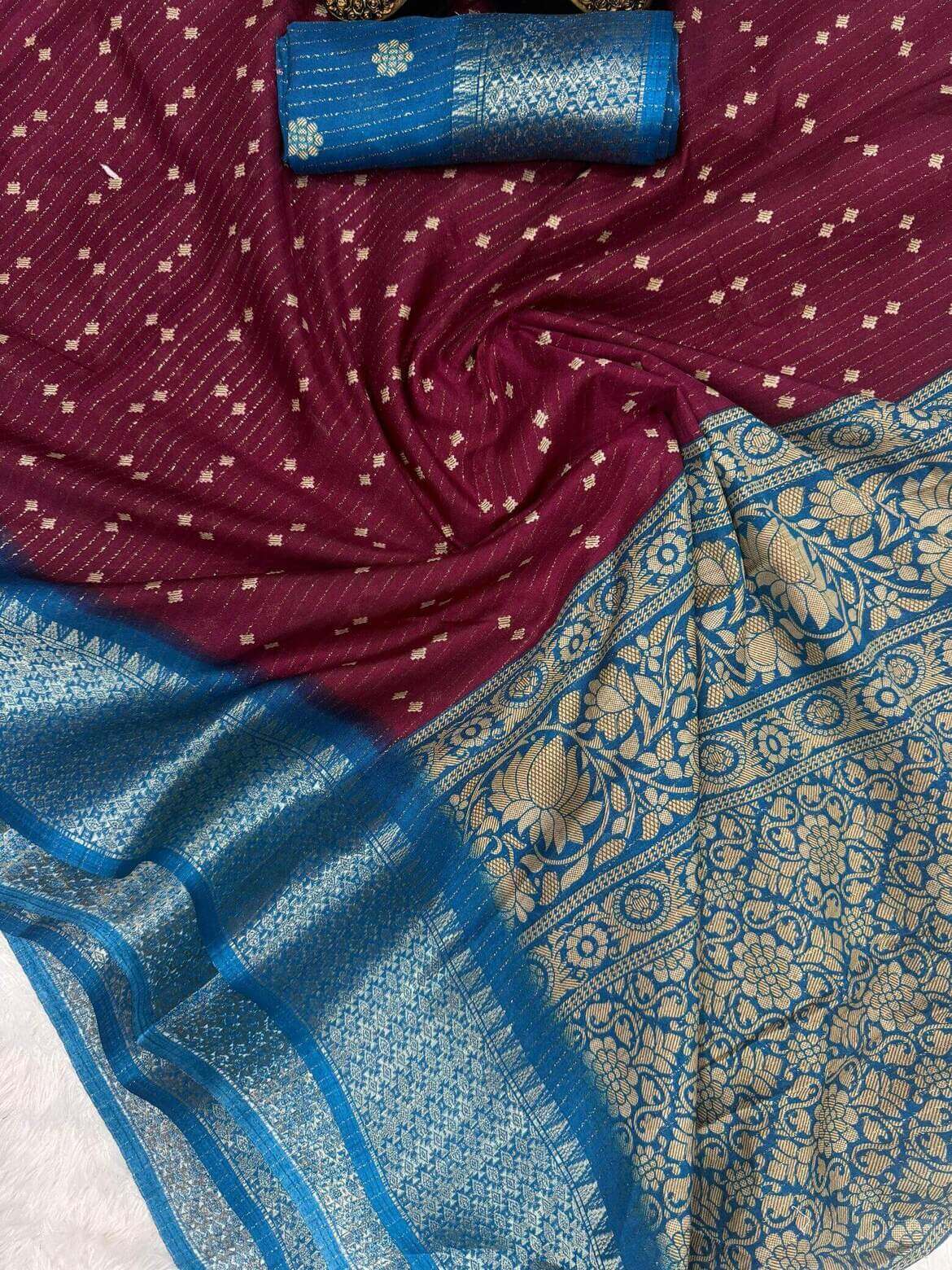 Vivacious Wine Digital Printed Dola Silk Saree With Ornate Blouse Piece