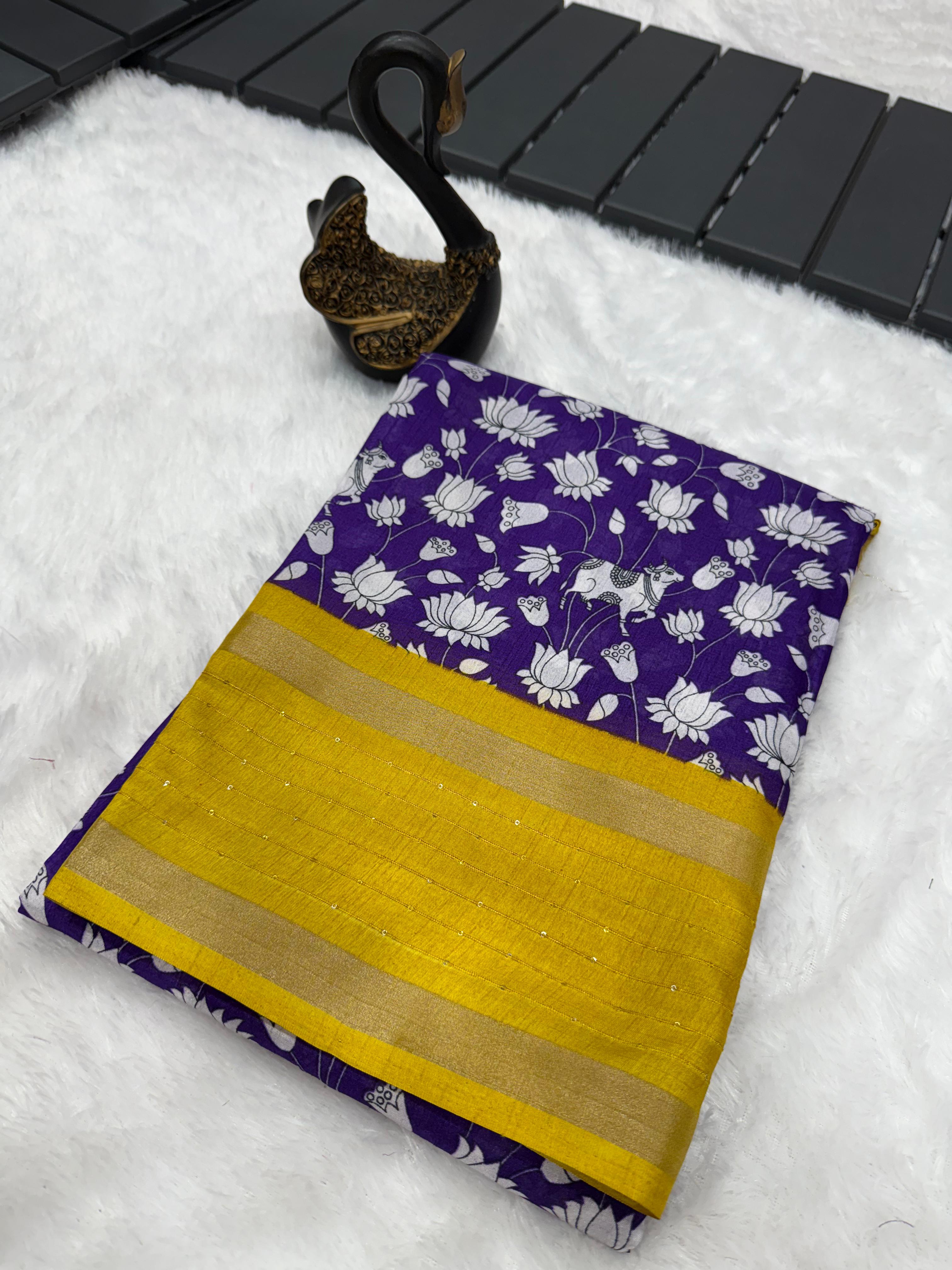 Engrossing Royal Blue Digital Printed Dola Silk Saree With Majesty Blouse Piece