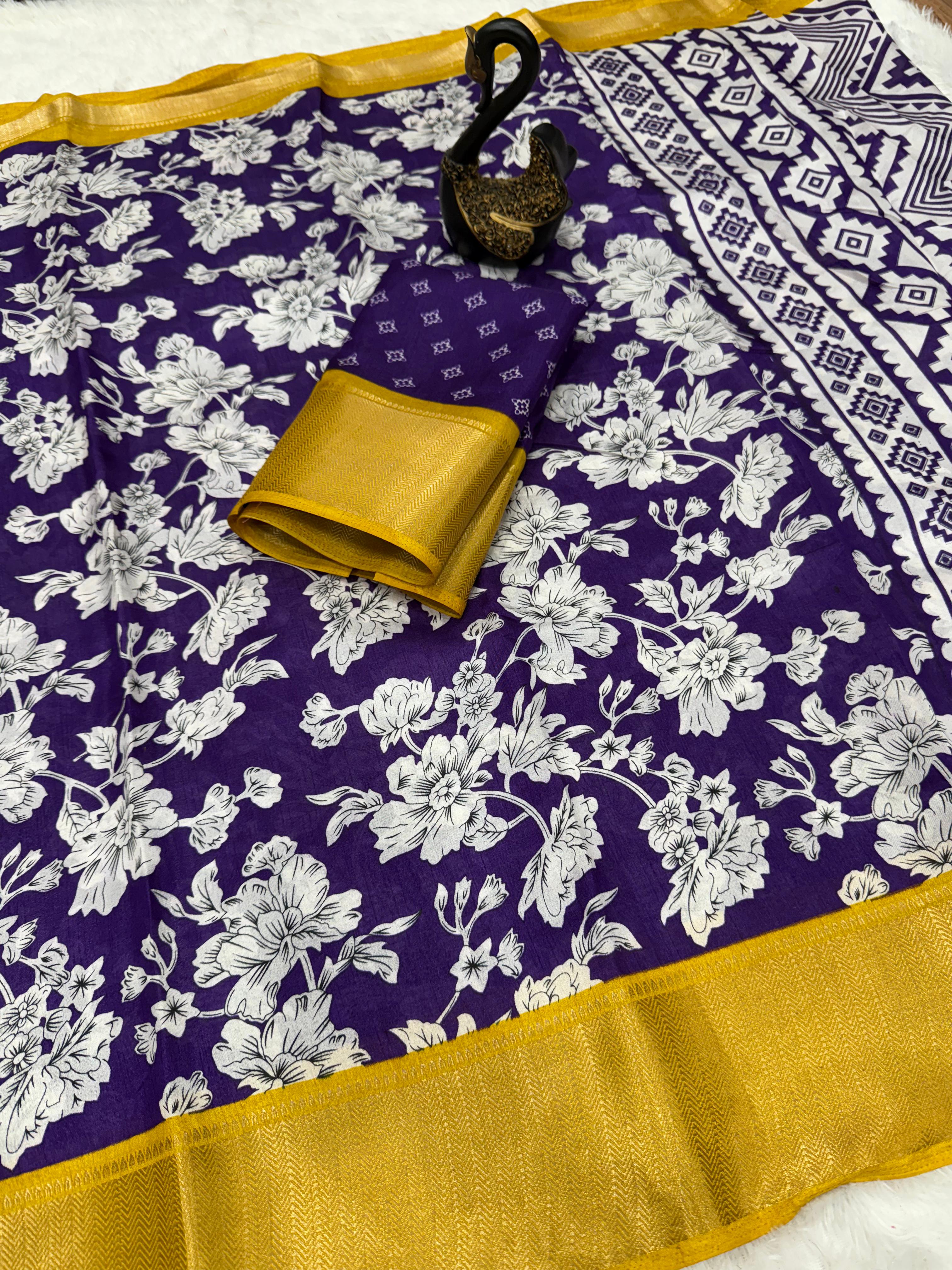 Invaluable Royal Blue Digital Printed Dola Silk Saree With Intricate Blouse Piece