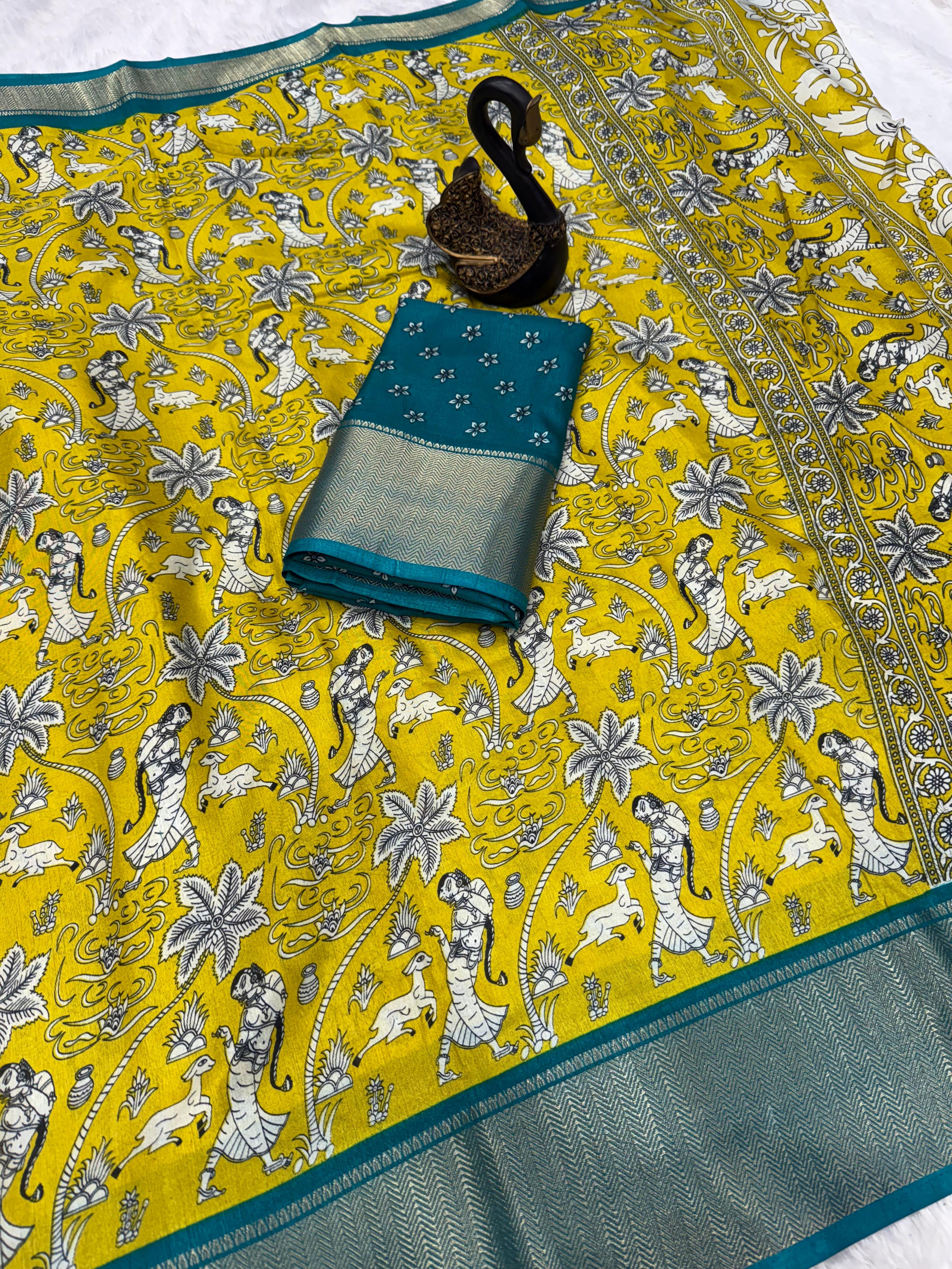 Amazing Mustard Digital Printed Dola Silk Saree With Sophisticated Blouse Piece