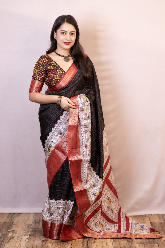 Luxuriant Black Digital Printed Dola Silk Saree With Artistic Blouse Piece