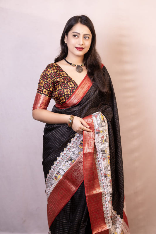 Luxuriant Black Digital Printed Dola Silk Saree With Artistic Blouse Piece