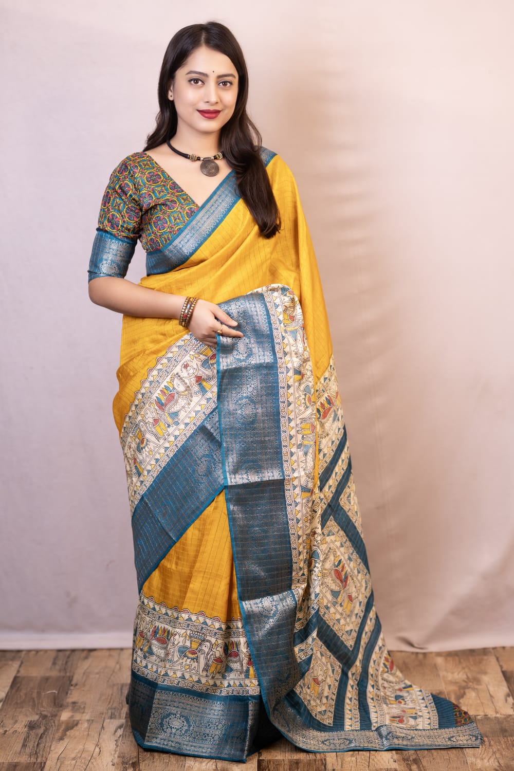 Efflorescence Mustard Digital Printed Dola Silk Saree With Desultory Blouse Piece