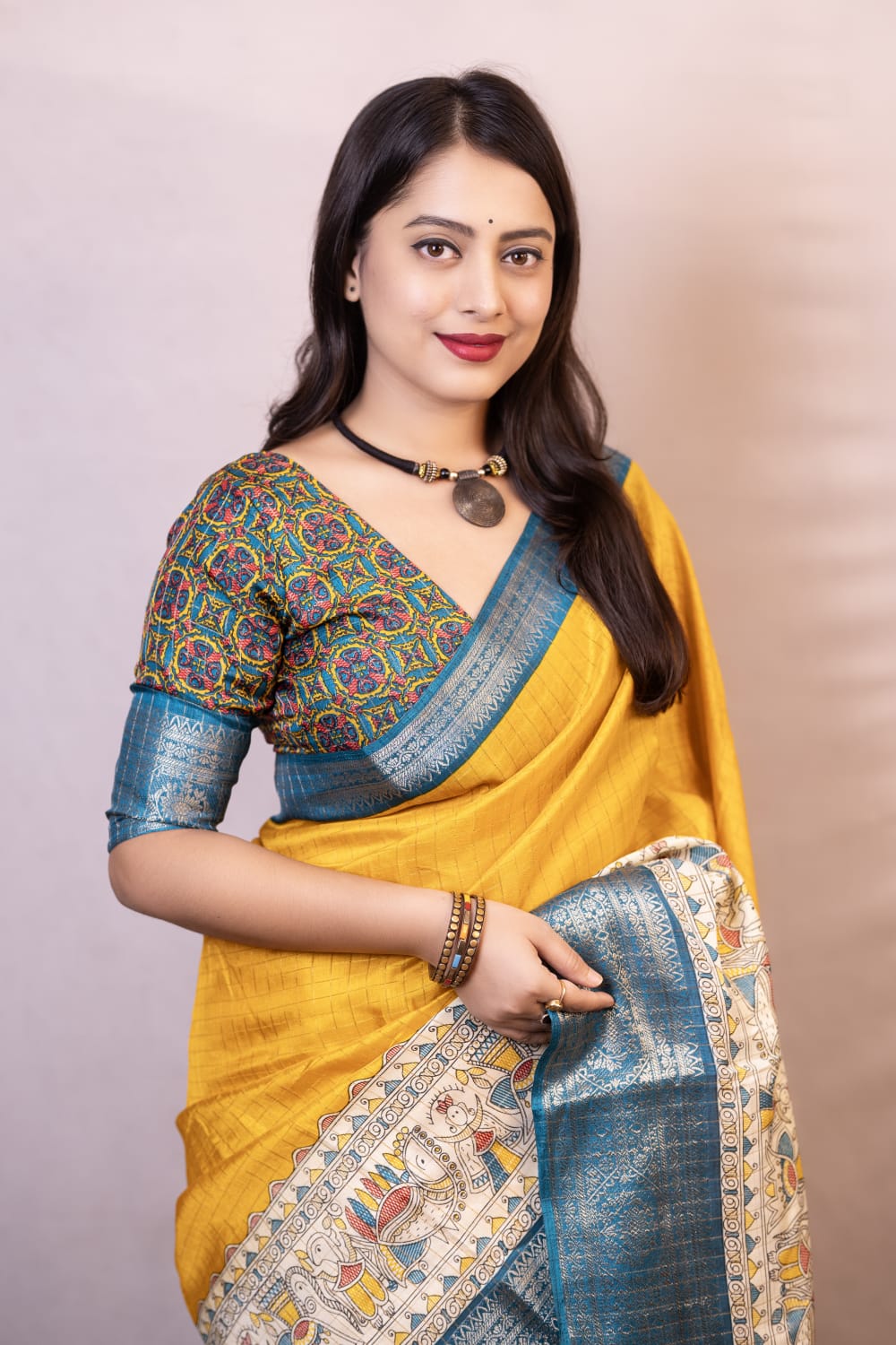 Efflorescence Mustard Digital Printed Dola Silk Saree With Desultory Blouse Piece