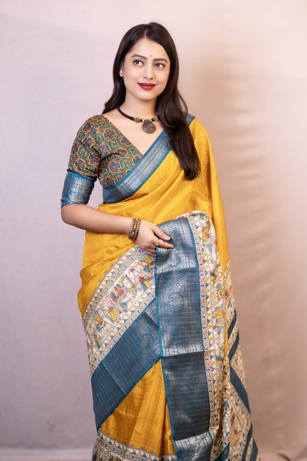 Efflorescence Mustard Digital Printed Dola Silk Saree With Desultory Blouse Piece