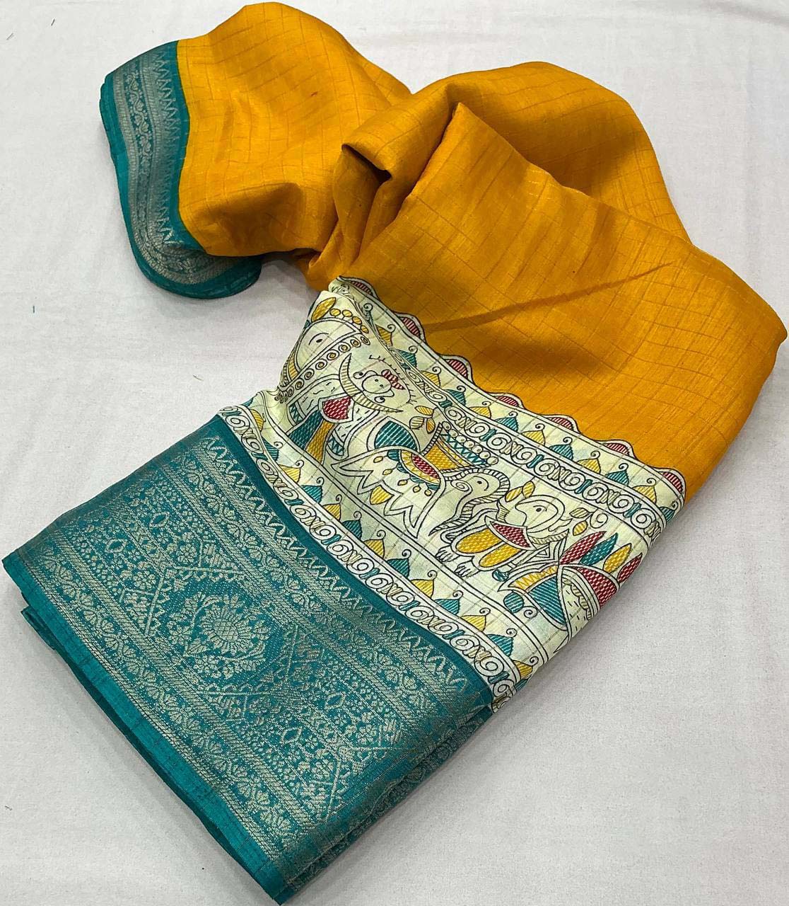 Efflorescence Mustard Digital Printed Dola Silk Saree With Desultory Blouse Piece