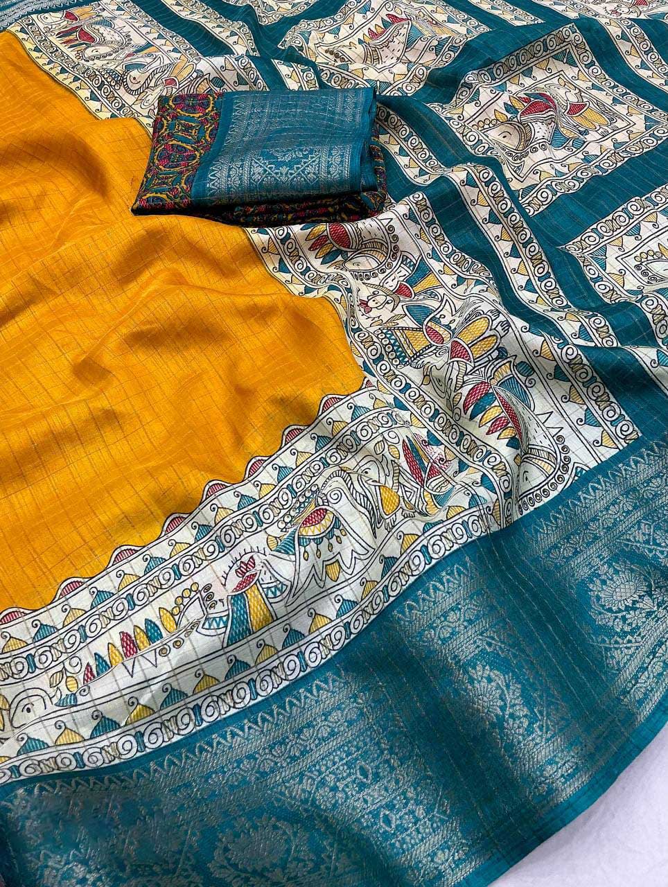 Efflorescence Mustard Digital Printed Dola Silk Saree With Desultory Blouse Piece