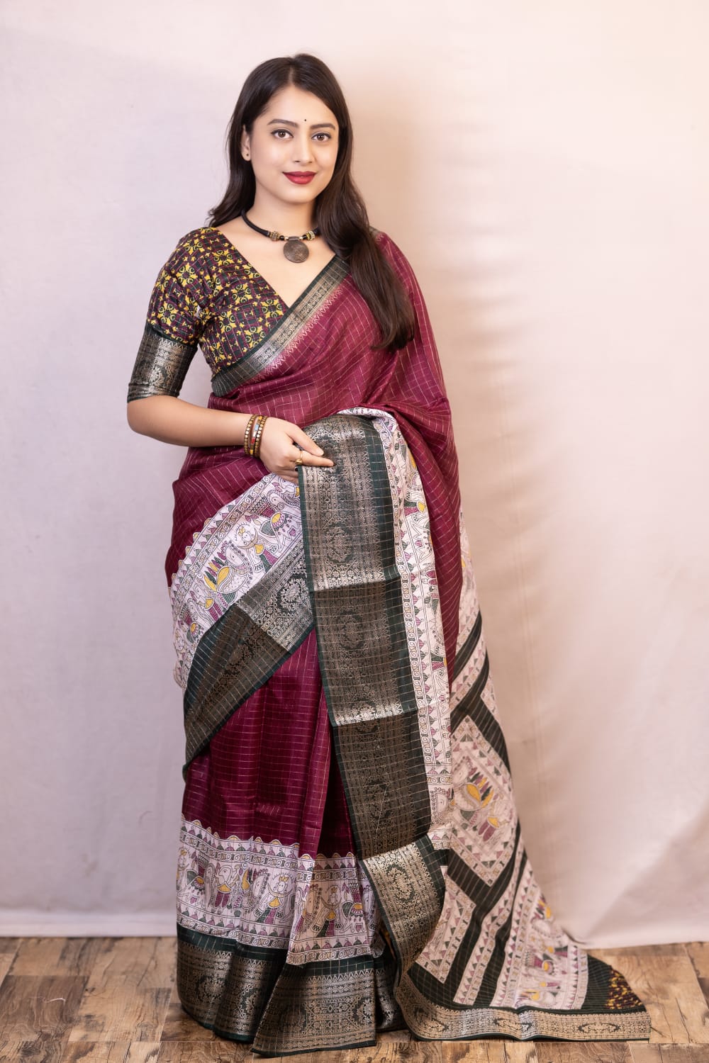 Quintessential Wine Digital Printed Dola Silk Saree With Nemesis Blouse Piece