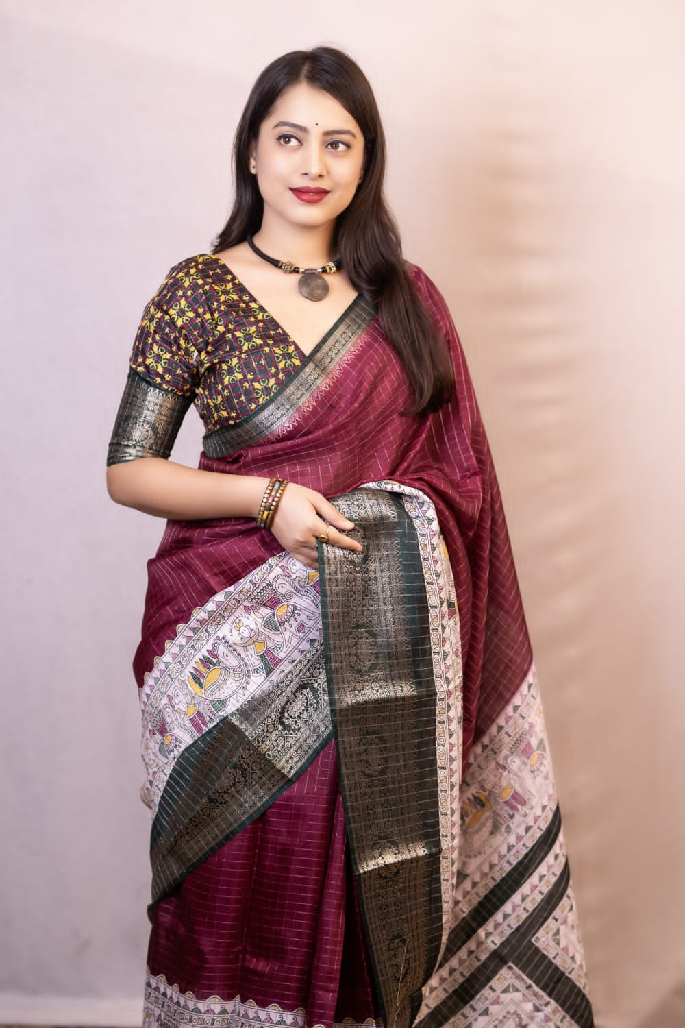 Quintessential Wine Digital Printed Dola Silk Saree With Nemesis Blouse Piece