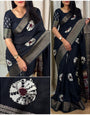 Majestic Black Digital Printed Dola Silk Saree With Incomparable Blouse Piece