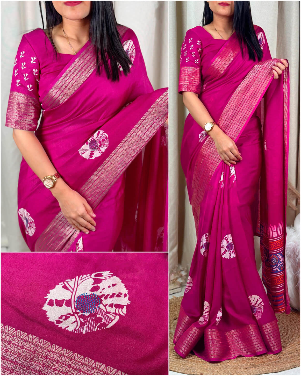 Mellifluous Dark Pink Digital Printed Dola Silk Saree With Quixotic Blouse Piece