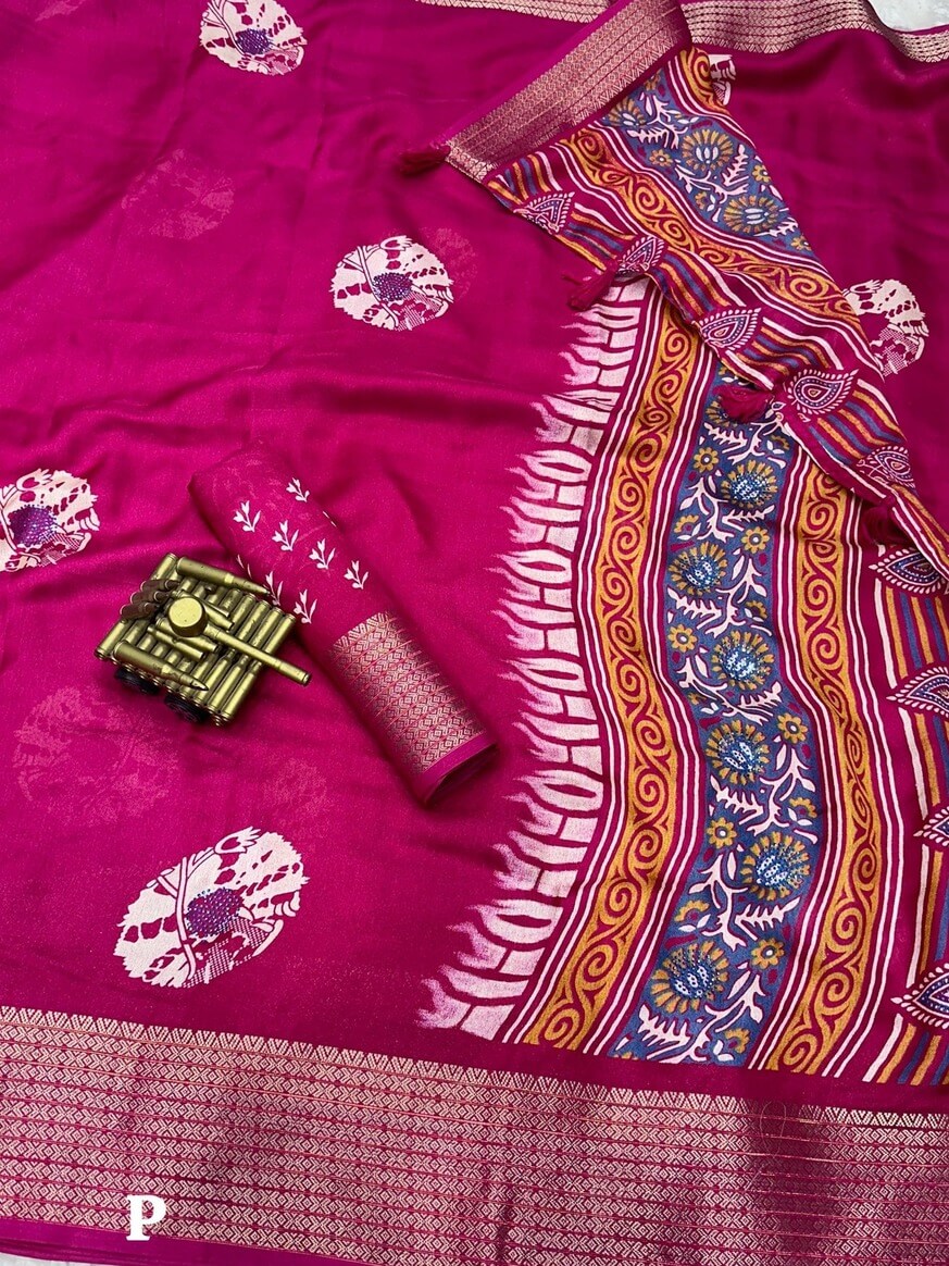 Mellifluous Dark Pink Digital Printed Dola Silk Saree With Quixotic Blouse Piece