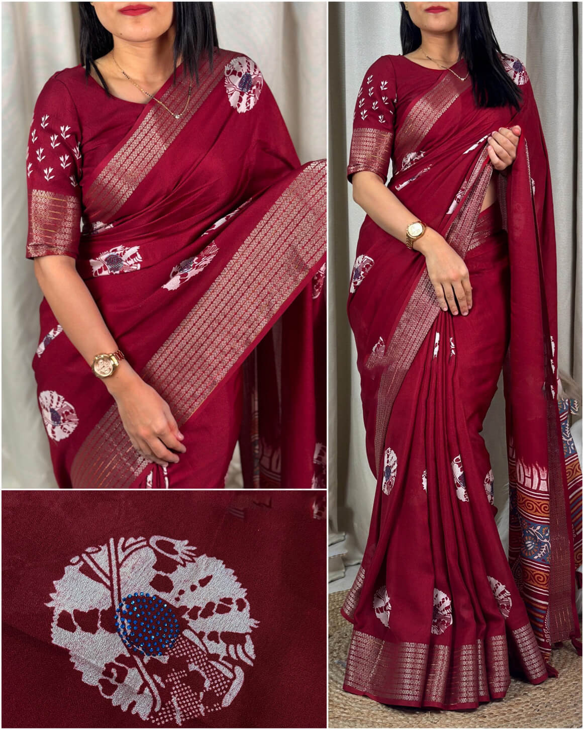 Propinquity Maroon Digital Printed Dola Silk Saree With Forbearance Blouse Piece