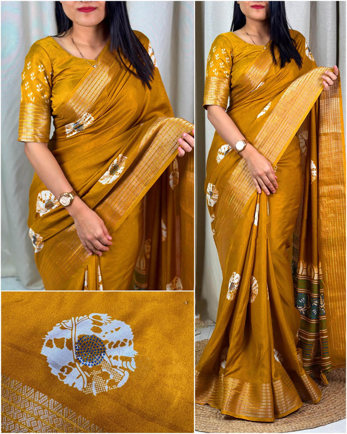 Brood Mustard Digital Printed Dola Silk Saree With Enticing Blouse Piece