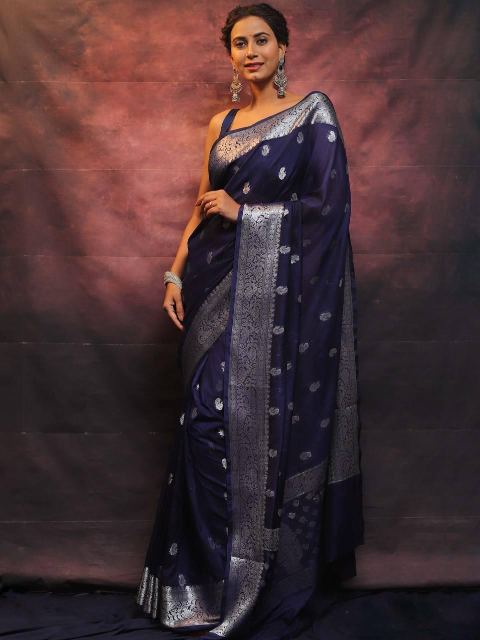 Jubilant Navy Blue Soft Silk Saree With Improbable Blouse Piece