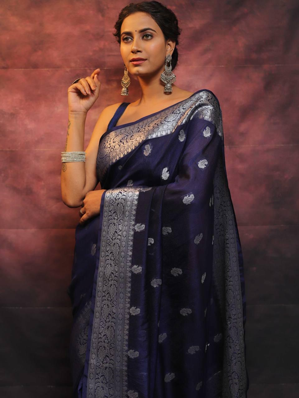 Jubilant Navy Blue Soft Silk Saree With Improbable Blouse Piece