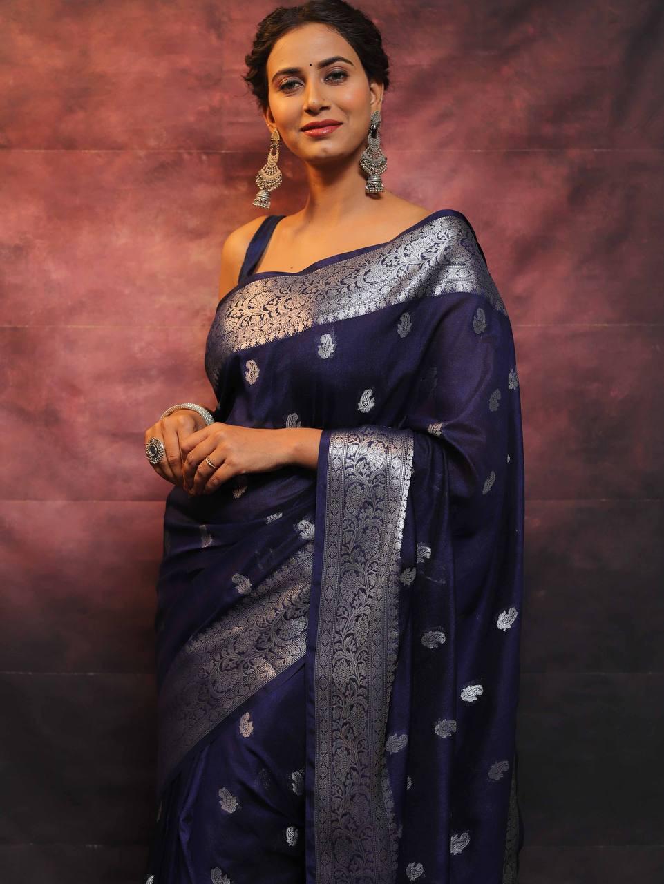 Jubilant Navy Blue Soft Silk Saree With Improbable Blouse Piece