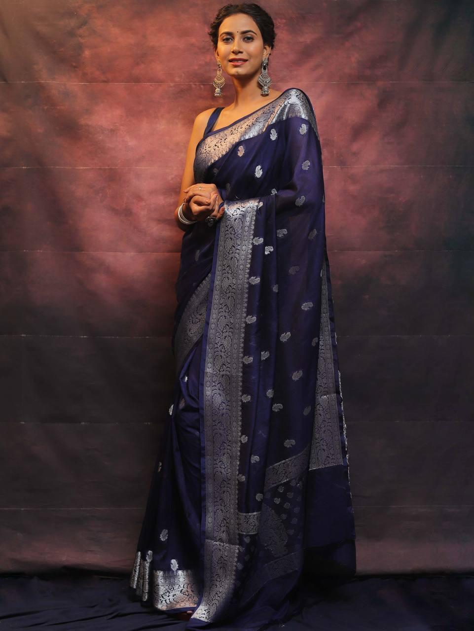 Jubilant Navy Blue Soft Silk Saree With Improbable Blouse Piece