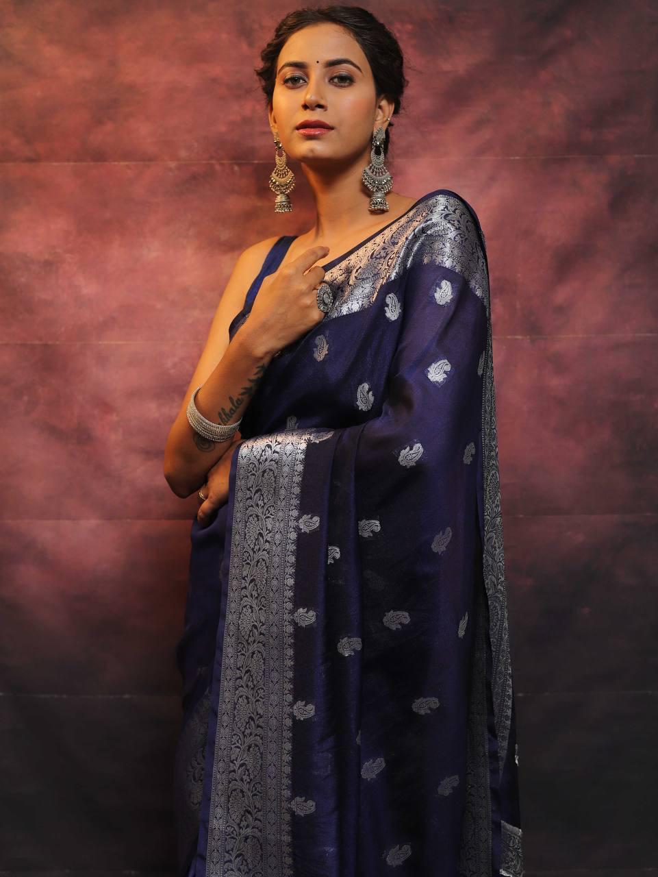 Jubilant Navy Blue Soft Silk Saree With Improbable Blouse Piece