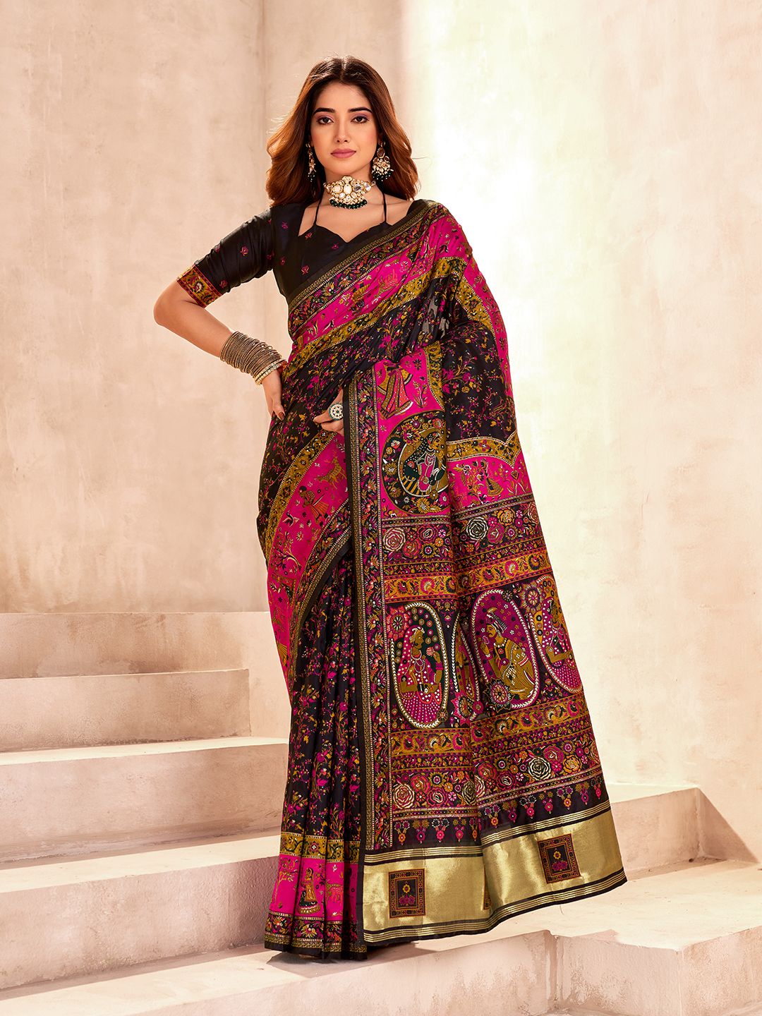 Enamoring Black Nylon Dola Pashmina Saree With Captivating Blouse Piece