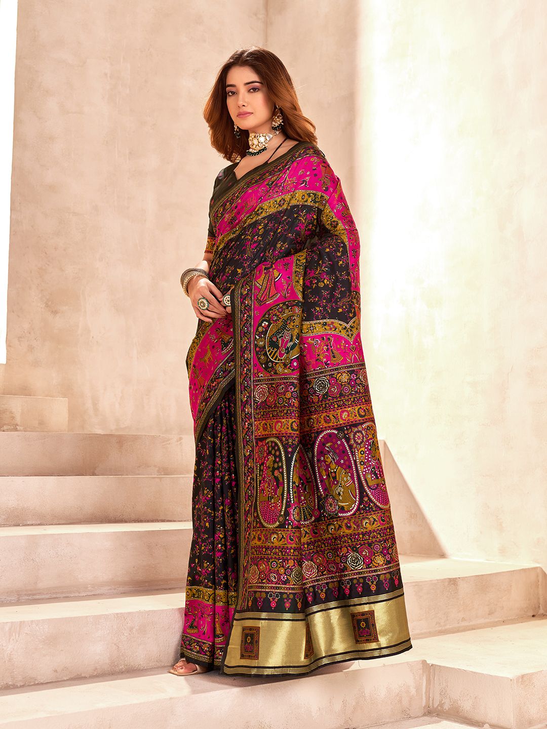 Enamoring Black Nylon Dola Pashmina Saree With Captivating Blouse Piece