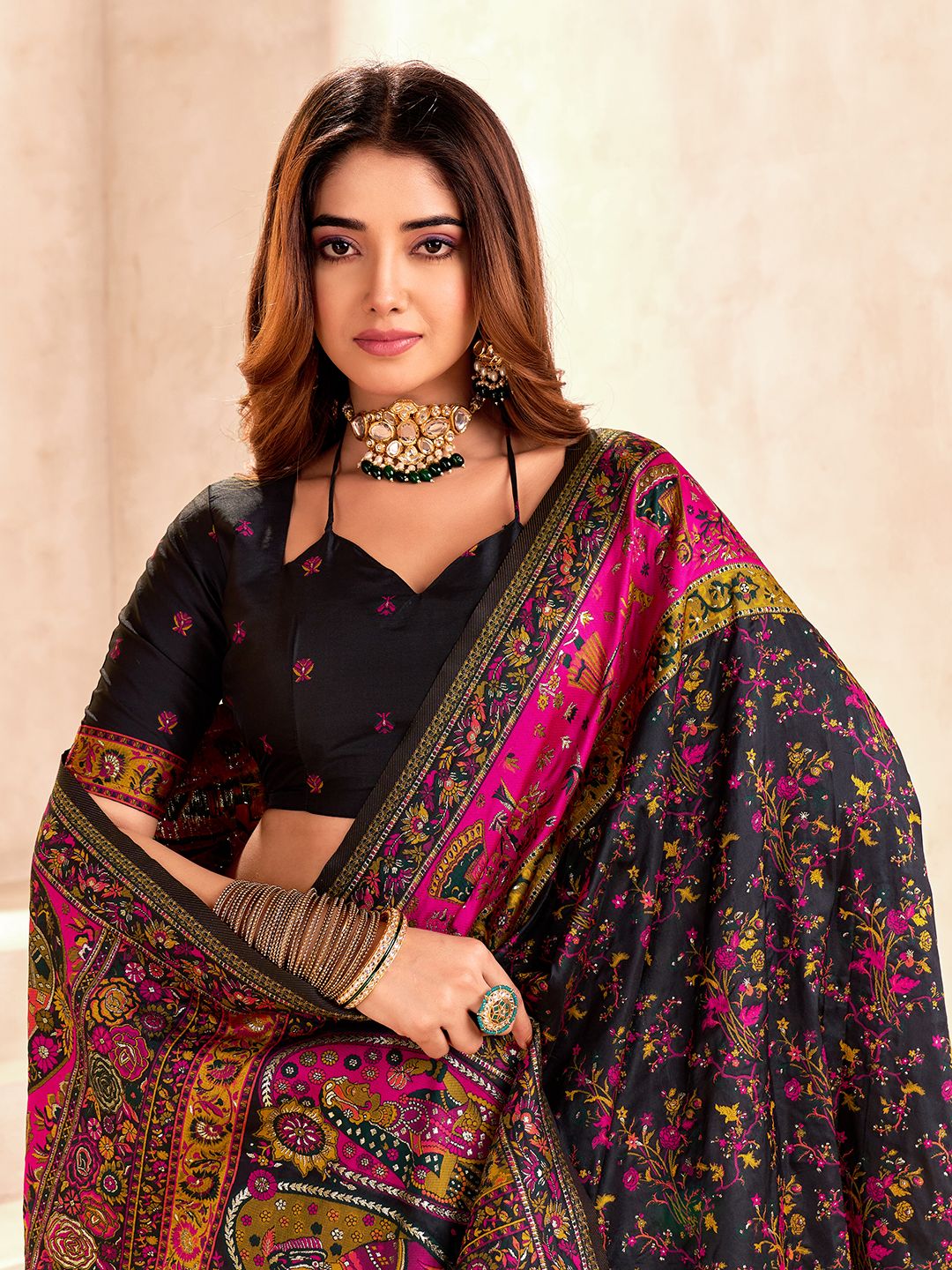 Enamoring Black Nylon Dola Pashmina Saree With Captivating Blouse Piece