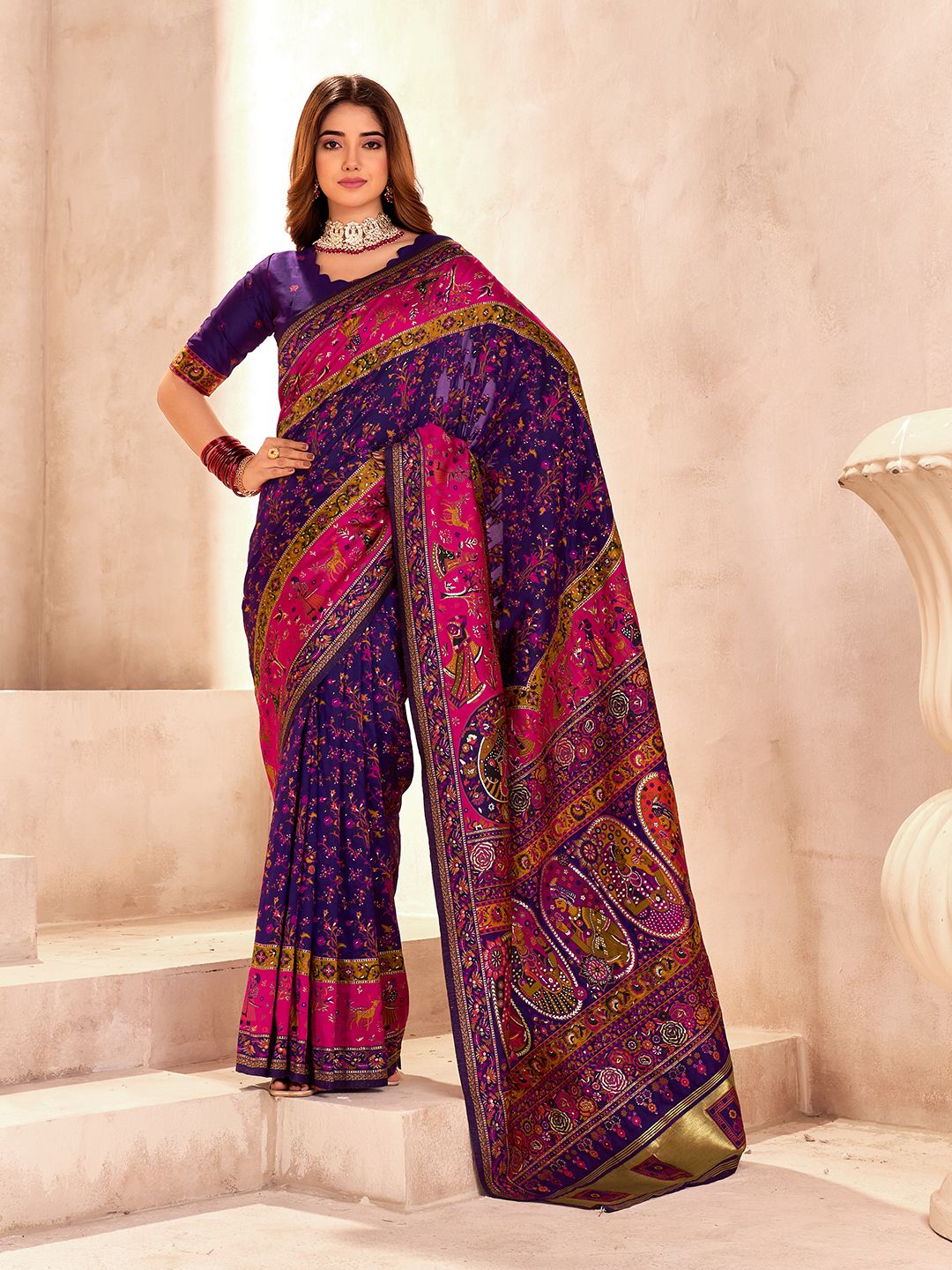 Imbrication Blue Nylon Dola Pashmina Saree With Exquisite Blouse Piece